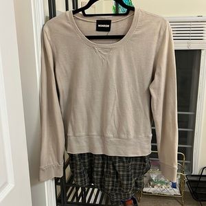 monrow double layer sweatshirt, taupe and french plaid